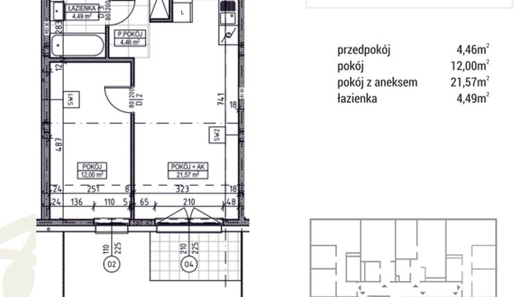 Rzut - Mieszkanie na sprzedaż 2 pokoje o powierzchni 42,52 m² - numer A1.00.07 w Zakątek Flora