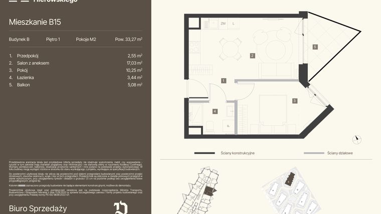 Rzut - Mieszkanie na sprzedaż 2 pokoje o powierzchni 33,27 m² - numer B15 w Osiedle Hierowskiego