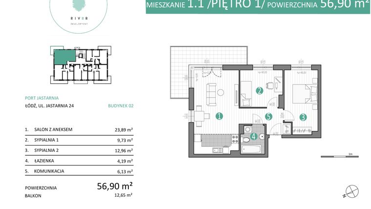 Rzut - Mieszkanie na sprzedaż 3 pokoje o powierzchni 56,9 m² - numer 02.1.1 w Port Jastarnia bud. 02, 03
