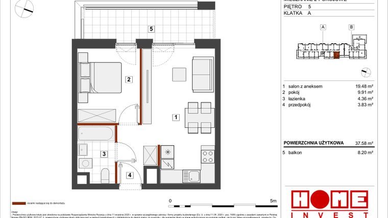 Rzut - Mieszkanie na sprzedaż 2 pokoje o powierzchni 37,58 m² - numer A-A078 w Warszawski Świt etap VII