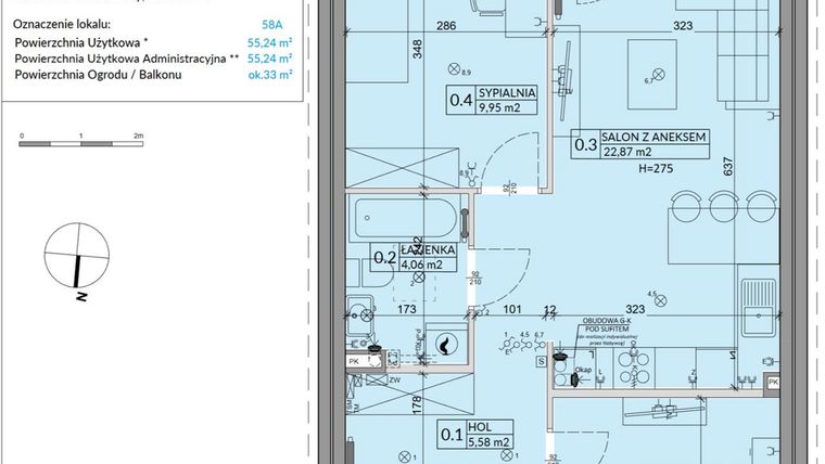 Rzut - Mieszkanie na sprzedaż 3 pokoje o powierzchni 55,24 m² - numer 58A w Osiedle Młodych etap IX