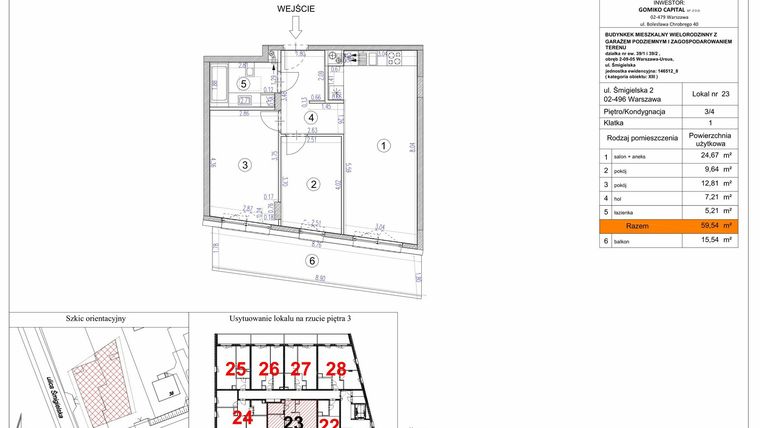 Rzut - Mieszkanie na sprzedaż 3 pokoje o powierzchni 59,54 m² - numer 23 w Apartamenty Śmigielska