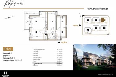 Rzut - Mieszkanie na sprzedaż 4 pokoje o powierzchni 98,27 m² - numer F1.1 w Brylantowa 10