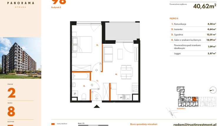 Rzut - Mieszkanie na sprzedaż 2 pokoje o powierzchni 41,71 m² - numer E98 w Panorama Struga