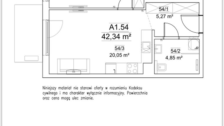 Rzut - Mieszkanie na sprzedaż 2 pokoje o powierzchni 42,34 m² - numer A1.54 w FORTnatura