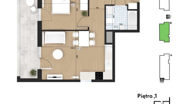 Rzut - Mieszkanie na sprzedaż 2 pokoje o powierzchni 43,7 m² - numer 47 w Słomczyńskiego Widoki