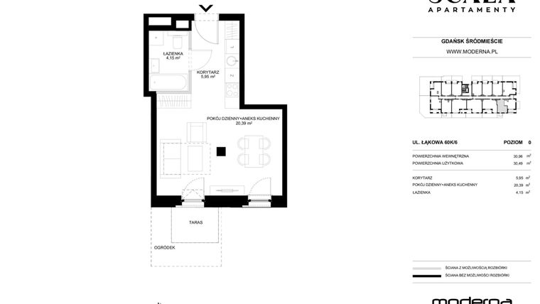 Rzut - Mieszkanie na sprzedaż 1 pokój o powierzchni 30,49 m² - numer K-6 (N) w Scala