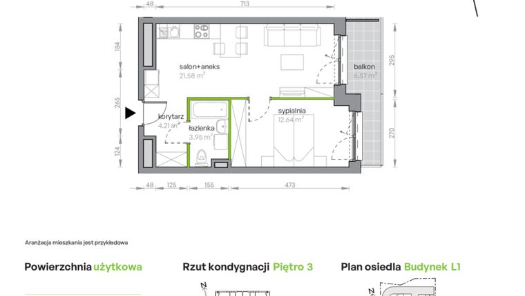 Rzut - Mieszkanie na sprzedaż 2 pokoje o powierzchni 42,38 m² - numer L1/3/31 w Legnicka Vita