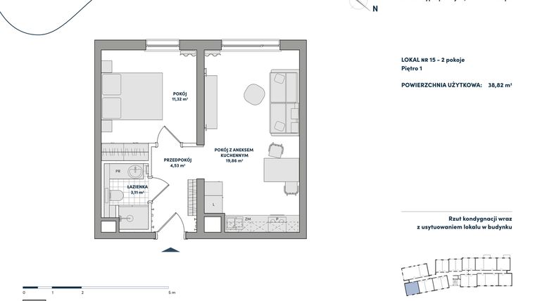 Rzut - Mieszkanie na sprzedaż 2 pokoje o powierzchni 38,82 m² - numer 15 w AtHome - Apartamenty inwestycyjne