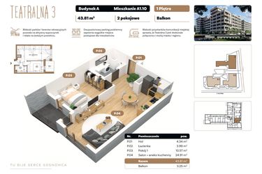 Rzut - Mieszkanie na sprzedaż 2 pokoje o powierzchni 43,81 m² - numer A 1.10 w Teatralna 3 - etap II