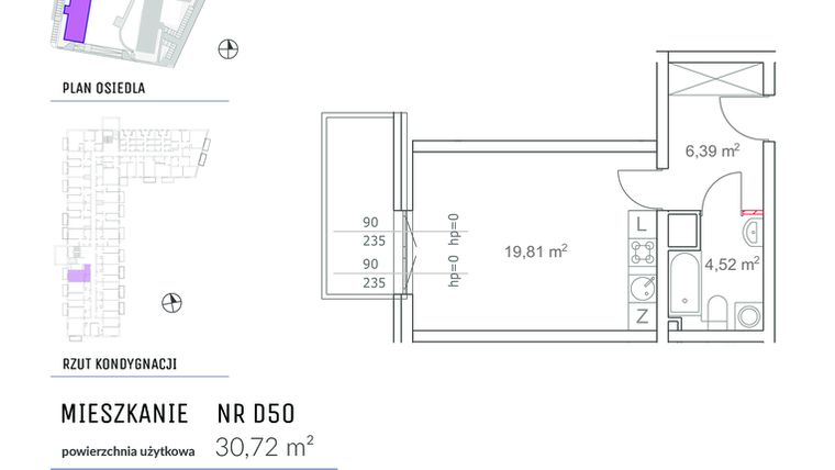 Rzut - Mieszkanie na sprzedaż 1 pokój o powierzchni 30,72 m² - numer D50 w Osiedle Impresja 2