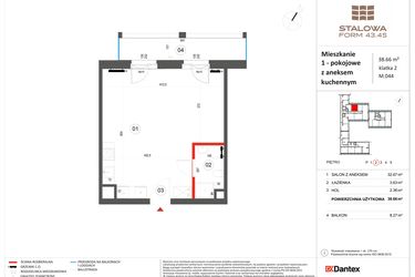 Rzut - Mieszkanie na sprzedaż 1 pokój o powierzchni 38,66 m² - numer 44 w Stalowa Form 43.45