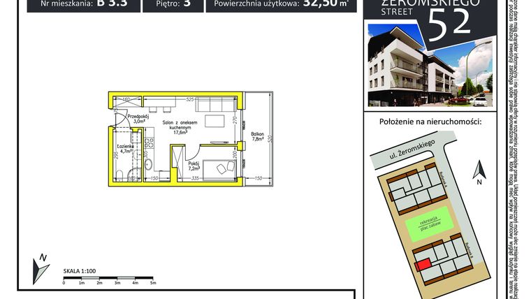 Rzut - Mieszkanie na sprzedaż 1 pokój o powierzchni 32,5 m² - numer B 3.3 w Żeromskiego Street 52