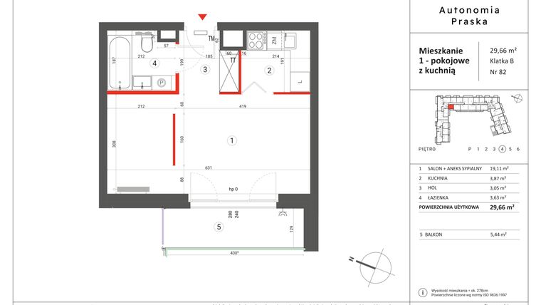 Rzut - Mieszkanie na sprzedaż 1 pokój o powierzchni 29,66 m² - numer 82 w Autonomia Praska