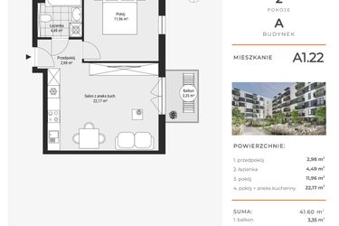 Rzut - Mieszkanie na sprzedaż 2 pokoje o powierzchni 41,58 m² - numer A1.22 w Enklawa Bukowa