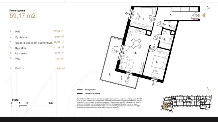 Rzut - Mieszkanie na sprzedaż 3 pokoje o powierzchni 59,17 m² - numer K1.12 w Korkowa 146