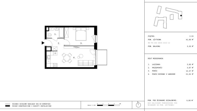 Rzut - Mieszkanie na sprzedaż 2 pokoje o powierzchni 41,85 m² - numer 25 w 28 czerwca 1956 r.