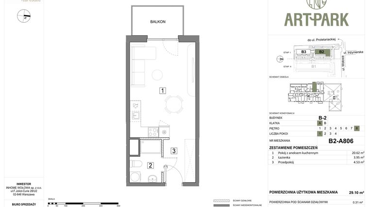 Rzut - Mieszkanie na sprzedaż 1 pokój o powierzchni 29,41 m² - numer B.2.A806 w ArtPark
