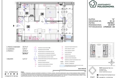 Rzut - Mieszkanie na sprzedaż 2 pokoje o powierzchni 35,94 m² - numer 15 w Apartamenty Poligonowa etap 5