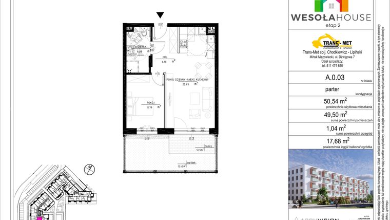 Rzut - Mieszkanie na sprzedaż 2 pokoje o powierzchni 49,5 m² - numer A.0.03 w Wesoła House Etap II