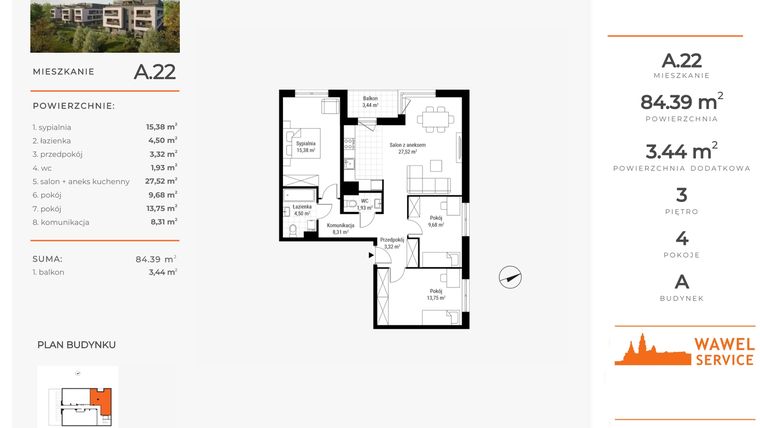 Rzut - Mieszkanie na sprzedaż 4 pokoje o powierzchni 84,39 m² - numer A.22 w Nowa Namiarkowa