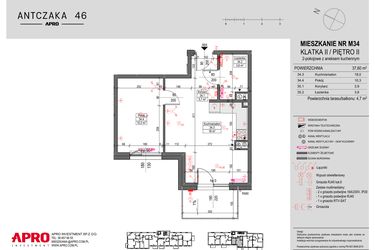 Rzut - Mieszkanie na sprzedaż 2 pokoje o powierzchni 37,6 m² - numer M34 w Antczaka 46