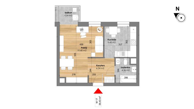 Rzut - Mieszkanie na sprzedaż 1 pokój o powierzchni 39,43 m² - numer M17 w Przy Kochanowskiego