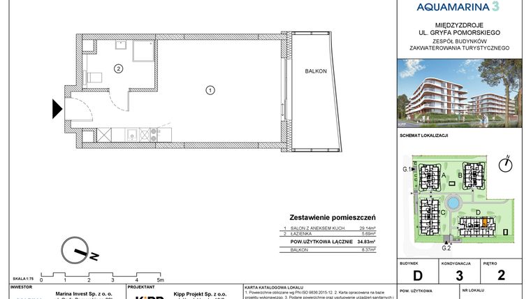 Rzut - Mieszkanie na sprzedaż 1 pokój o powierzchni 34,83 m² - numer D3.08 w Aquamarina 3
