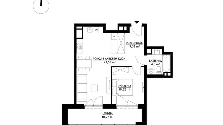 Rzut - Mieszkanie na sprzedaż 2 pokoje o powierzchni 48,03 m² - numer A1 w FUTURO