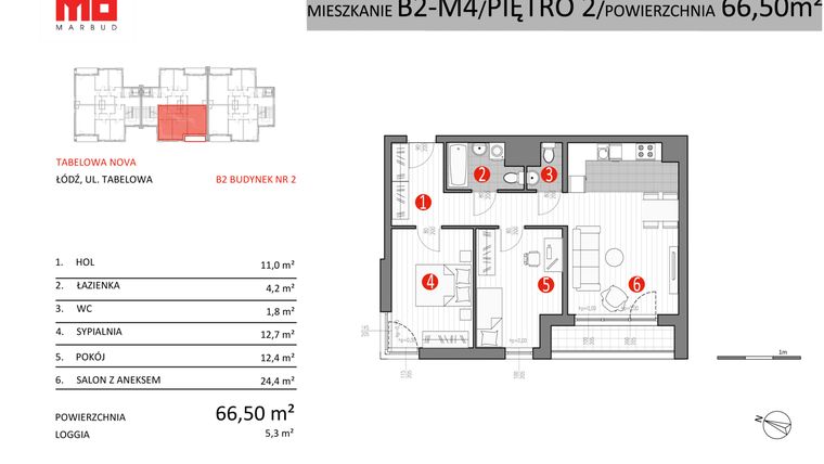 Rzut - Mieszkanie na sprzedaż 3 pokoje o powierzchni 66,5 m² - numer B2-M4 w Tabelowa NOVA