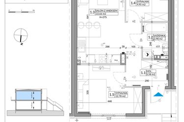 Rzut - Mieszkanie na sprzedaż 3 pokoje o powierzchni 56,89 m² - numer 65B w Osiedle Młodych etap X