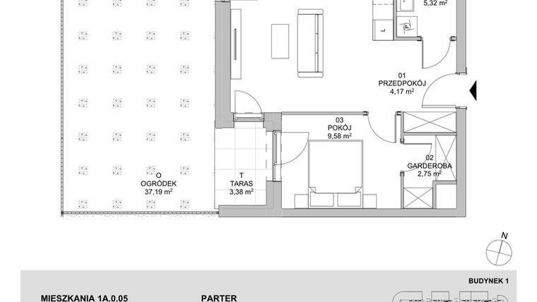 Rzut - Mieszkanie na sprzedaż 2 pokoje o powierzchni 47,1 m² - numer 1A.0.05 w Francuska Park VIIIB