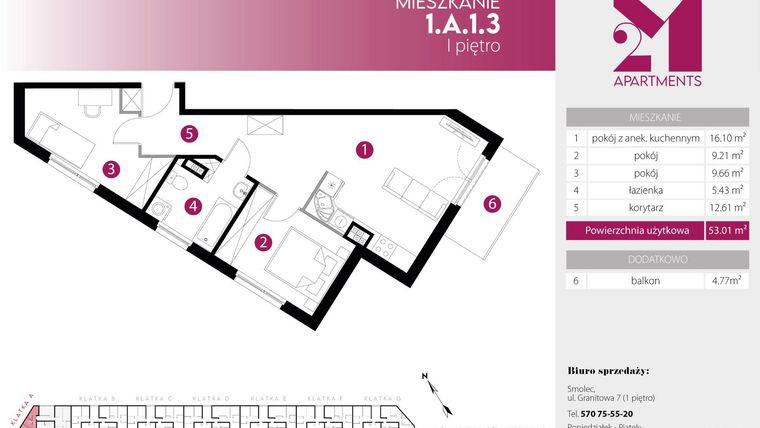 Rzut - Mieszkanie na sprzedaż 3 pokoje o powierzchni 53,01 m² - numer 1.A.1.3 w 2M Apartments etap IV