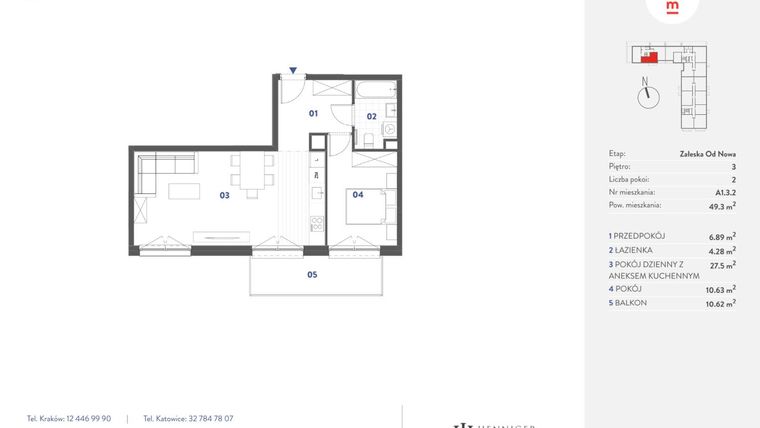 Rzut - Mieszkanie na sprzedaż 2 pokoje o powierzchni 49,3 m² - numer A1.3.2 w Mieszkaj w Mieście - Załęska od Nowa