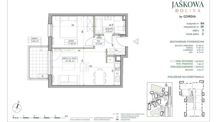 Rzut - Mieszkanie na sprzedaż 2 pokoje o powierzchni 44,76 m² - numer 6.A.30 w Villa Jaśkowa Dolina etap II