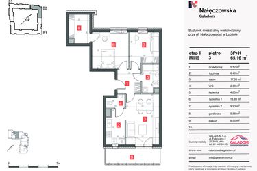 Rzut - Mieszkanie na sprzedaż 3 pokoje o powierzchni 65,16 m² - numer M-119 w Nałęczowska etap II