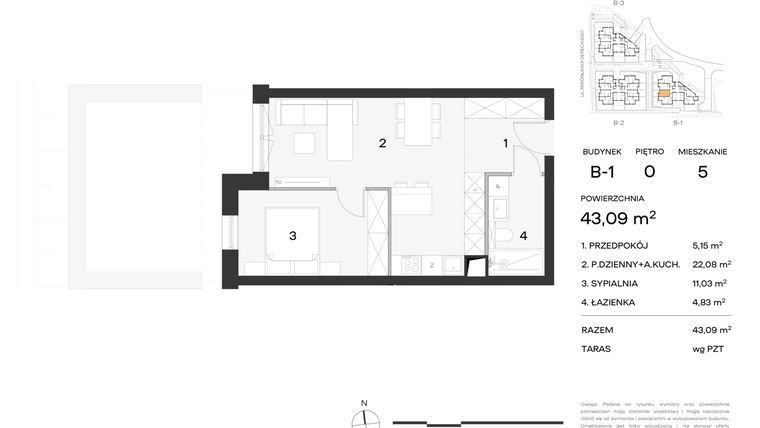 Rzut - Mieszkanie na sprzedaż 2 pokoje o powierzchni 43,09 m² - numer 5 w Koncertowa Dolina