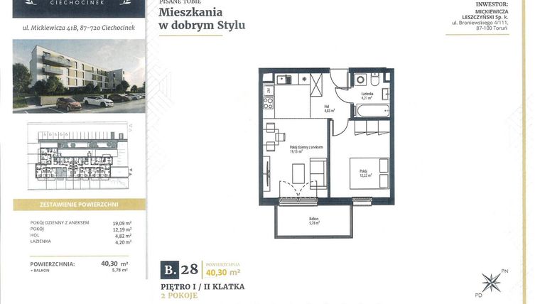 Rzut - Mieszkanie na sprzedaż 2 pokoje o powierzchni 40,3 m² - numer B28 w Mickiewicza