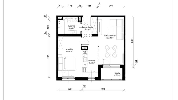 Rzut - Mieszkanie na sprzedaż 2 pokoje o powierzchni 47,75 m² - numer E.4.27.2k w Art.Teo etap 3