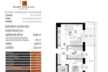 Rzut - Mieszkanie na sprzedaż 3 pokoje o powierzchni 46,84 m² - numer 54B w Osiedle Farbiarska II
