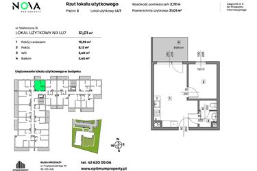 Rzut - Mieszkanie na sprzedaż 2 pokoje o powierzchni 31,01 m² - numer L.U. 7 w Nova Radiostacja - apartamenty inwestycyjne