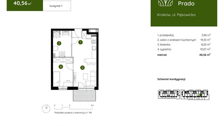 Rzut - Mieszkanie na sprzedaż 2 pokoje o powierzchni 40,56 m² - numer 1.E.0.04 w Murapol Prado