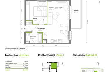 Rzut - Mieszkanie na sprzedaż 2 pokoje o powierzchni 43,46 m² - numer B1.01.16 w Południe Vita