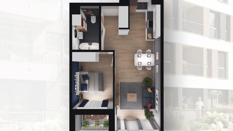 Rzut - Mieszkanie na sprzedaż 2 pokoje o powierzchni 43,17 m² - numer B2.37 w Quercus