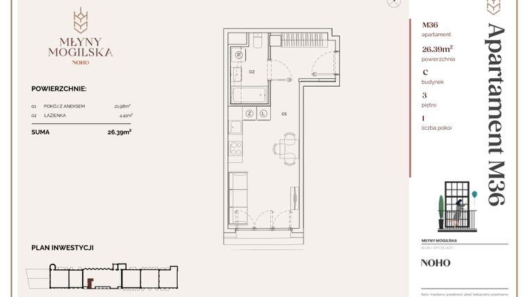 Rzut - Mieszkanie na sprzedaż 1 pokój o powierzchni 26,34 m² - numer C.36 w Młyny Mogilska
