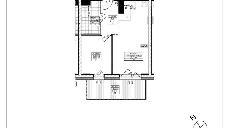 Rzut - Mieszkanie na sprzedaż 2 pokoje o powierzchni 40,2 m² - numer A1.14 w Osiedle Zielone bud. A1, B8
