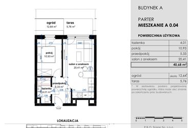 Rzut - Mieszkanie na sprzedaż 2 pokoje o powierzchni 40,68 m² - numer A 0.04 w Osiedle Kwiatowe