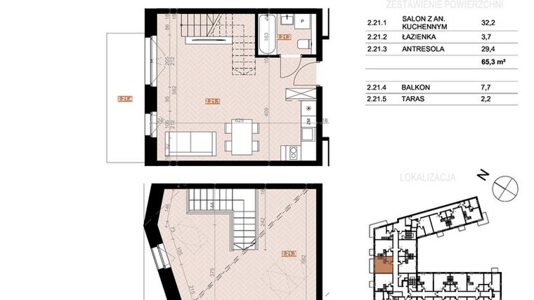 Rzut - Mieszkanie na sprzedaż 2 pokoje o powierzchni 65,3 m² - numer 221 w Szczecińska 20
