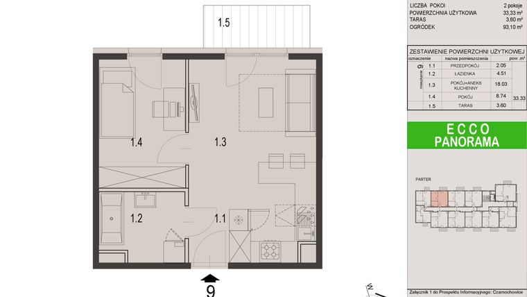 Rzut - Mieszkanie na sprzedaż 2 pokoje o powierzchni 33,33 m² - numer 9C w Ecco Panorama etap II budynki C, D