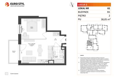 Rzut - Mieszkanie na sprzedaż 2 pokoje o powierzchni 38,05 m² - numer 61 w Locus 2